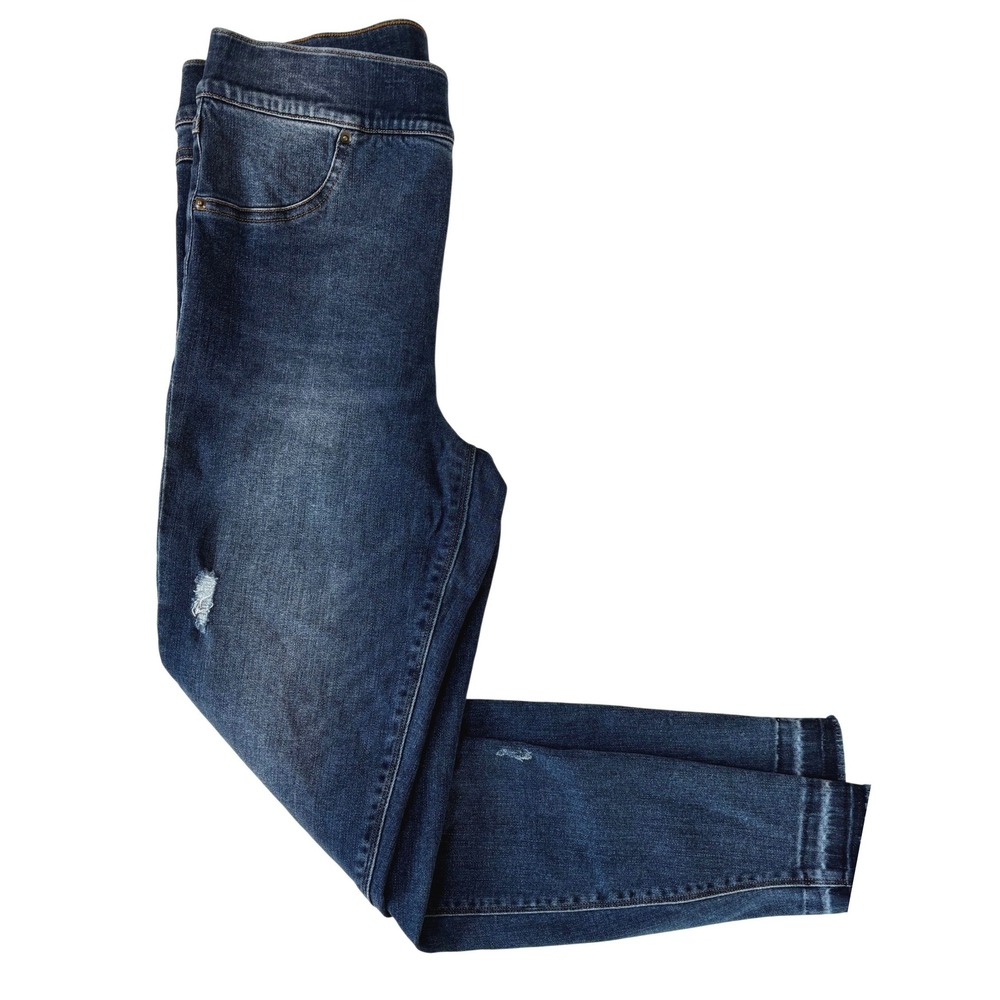 Spanx Jean-ish Ankle Leggings Distressed Raw Hem Dark Indigo Wash Large 20203R - Picture 2 of 12